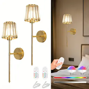 Modern Light‑Luxury Crystal Wall SconceSet 2 Pieces USB Charging / Battery Powered Includes Remote Control And Bulbs Crystal Shade Half‑Inset Installation For A Sophisticated Look Creates An Upscale Atmosphere In Living Rooms And Bathrooms lights lamp tik