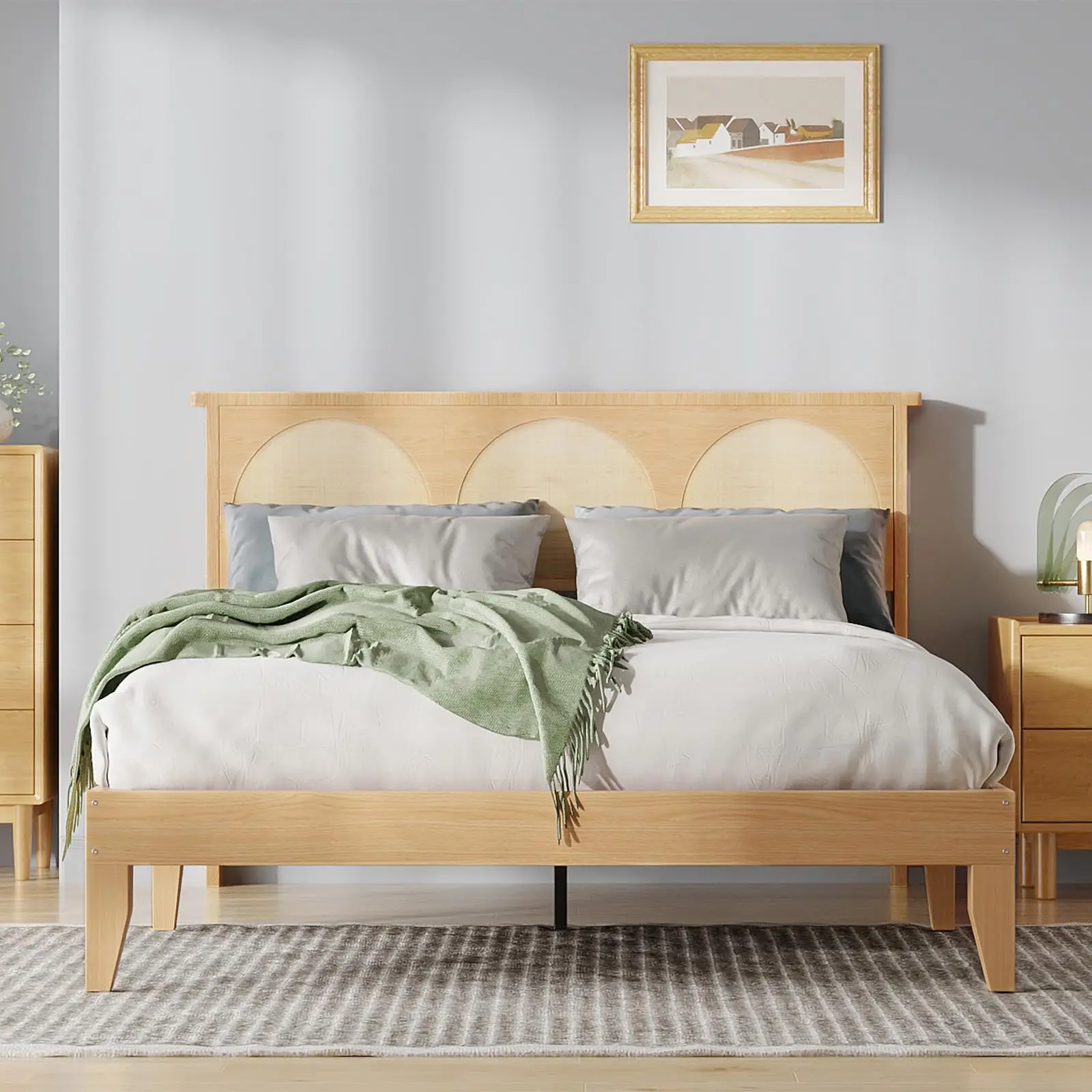 Gaomon Full-Size Boho Rattan Platform Bed Frame with Modern Wooden Headboard, Smart LED Light, Sturdy Durable Structure, Under-Bed Hidden Storage, Natural Wood Finish, Quiet Sleep Support, No Box Spring Needed, Easy Assembly, Bohemian Indoor Furniture
