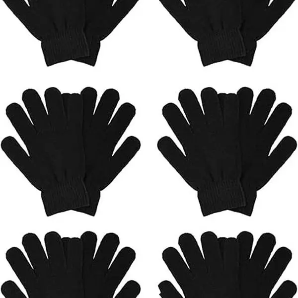 6-Pair Black Knit Thermal Gloves for Women-Men, Durable Extensible Flexible Hand Warmers, Long-Lasting Stretchy Mittens for Running, Driving (Hand Washable), Knit Fabric, Unisex, Adults, Stretch Mittens, Thermal Warm, One Size