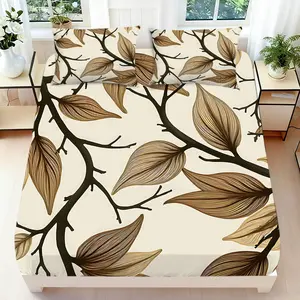 2/3 Pcs 2D Flat Nature Inspired Leaves Pattern Fitted Sheet Set, Leaves Bedding Set Quilt Cover 1 Fitted Sheet+ 1/2 Pillowcases, Leaves Top Sheet Decorative Bedding Bedroom Decor