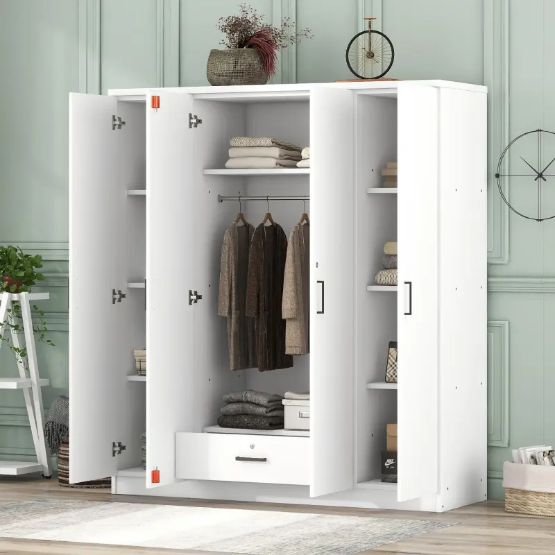 Wooden Wardrobe with 4-Door and 1 Storage Drawer Wooden Wardrobe with 4-Door and 1 Storage Drawer