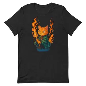 Anime Cat Demon Slayer T-Shirt – Cute Samurai Cat with Flaming Katana, Anime Style Tee