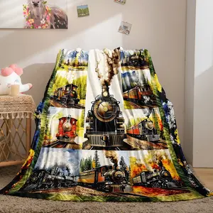 Vintage Steam Train Throw Blanket, Retro Locomotive Collage Lightweight Soft Flannel Childhood Nostalgic Nap Blanket, Nostalgic Railway Themed Small Lap Blanket for Train Enthusiasts, Adults & Kids, Perfect for Couch & Office (Multiple Sizes Available)