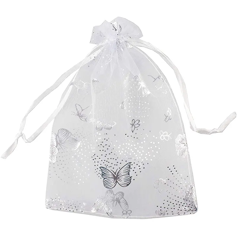 100Pcs Lavender Organza Butterfly Drawstring Bags (9x12cm, White) - Elegant Household Storage Pouch for Crafts, Wedding Favors (Jewelry/Candy Organizer)
