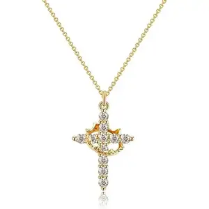 Crown & Cross Pendant Choker Necklace for Women Men Trendy Minimalist Jewelry with Cubic Zirconia Gold Over Brass 18" + 2" Extension Perfect for Parties Weddings & Gifts