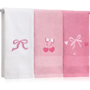 3 count Bow Heart Hand Towels for Bathroom Embroidered Bathroom Towels Farmhouse Decorative 13.78 x 29.53 Inch Absorbent Soft Cotton for Kitchen Dish Fast Drying Decor