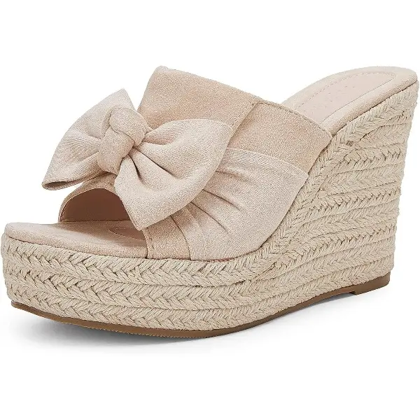 Coutgo Womens Platform Espadrilles Slip On Wedge Sandals Bow Tie Open Toe Slides Shoes Footwear Style Flatform tiktokshopbacktoschool