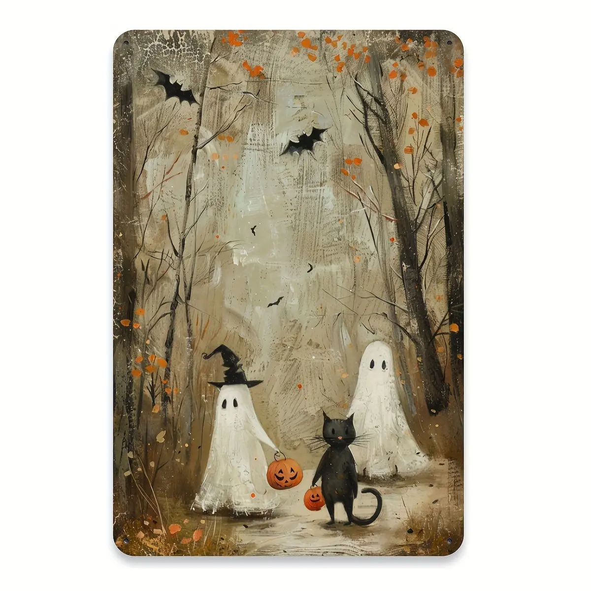 Vintage Iron Metal Pumpkin Lantern & Ghost Tin Sign - 8x12 in Durable Hanging Home Decor, Easy-to-Hang Wall Art for Halloween, Cafes | Home Supplies