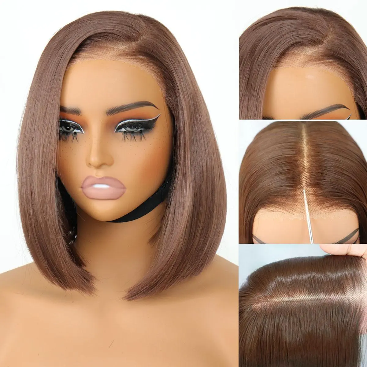 9x7 Glueless Synthetic Wear and Go Straight Wigs Double Drawn Bob Wig High Density, Natural Hairline with Tiny Knots