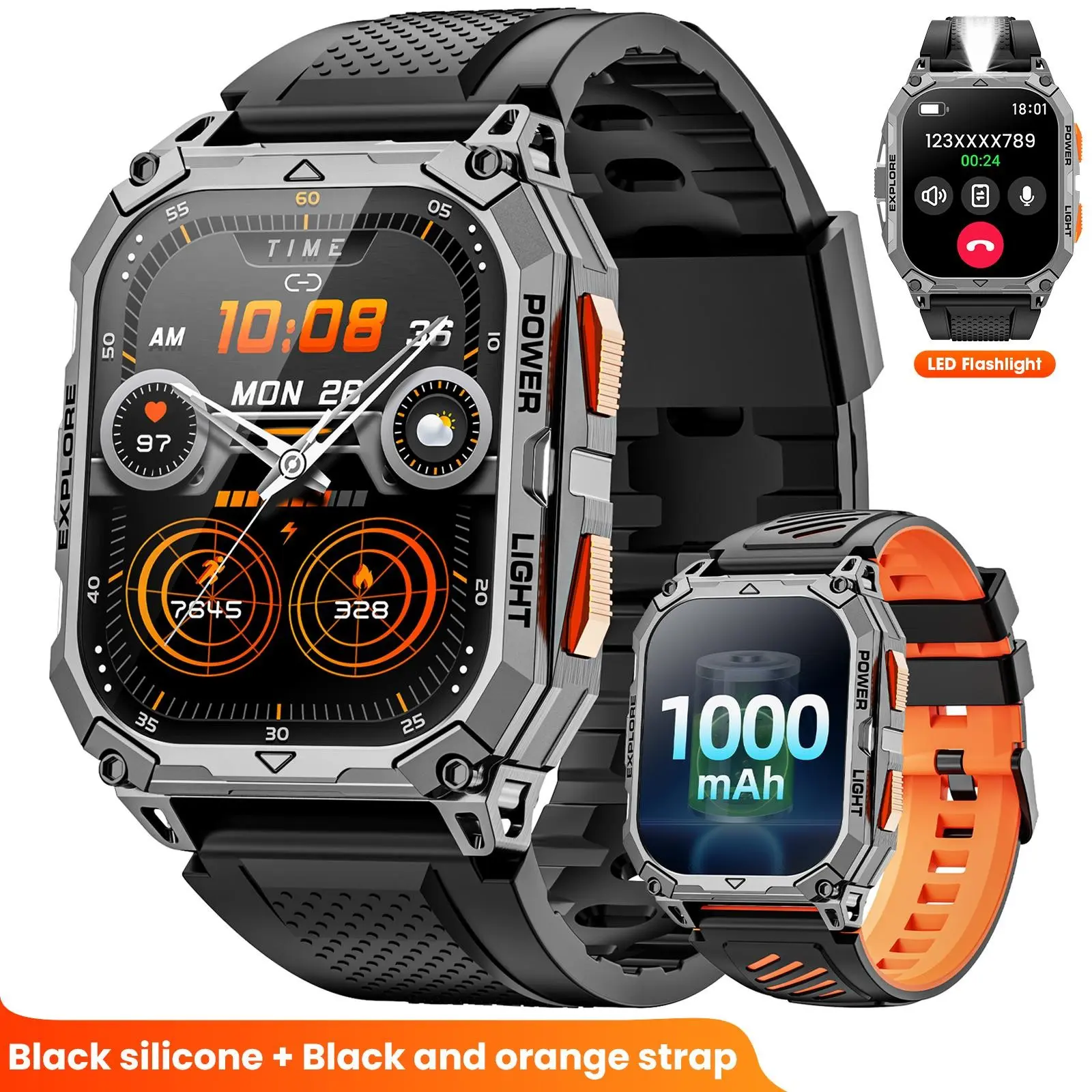 2.01-inch HD Men's Sports Tracking Smartwatch, Electronic Sport Watch, Waterproof Outdoor Watch - Call & Music Control - 100+ Sports Modes - IP68 Water Resistance - 1000mAh Long-Lasting Battery - Waterproof Watch for Android/iPhone - Gift