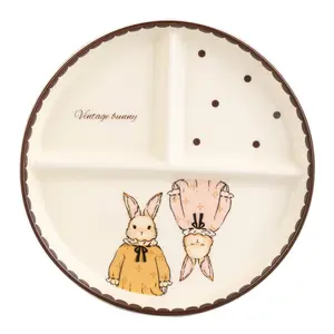 MONAZONE Ceramic Divided Plate, 3-Compartment Portion Control Tray, Cute Hera Bunny & Polka Dot Design, Aesthetic Sectioned Dinnerware