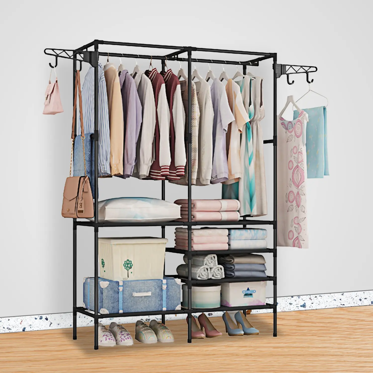 Freestanding Plastic Closet Organizer - Heavy-Duty Multi-Tiered Garment Rack with Hangable Rods, Rotatable Shoe Shelves, Floor-Standing Hanger Metal Multi-Functionality Organizational Utility Racks for Room Closet Organization, Floor-Standing Utility Rack
