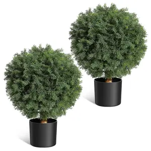Artificial Set of 2 Cedar Topiary Ball Trees 23.62" with Black Nursery Pot, UV Resistant Faux Cypress Plants Into Anywhere, Evergreen Shrubs Bushes for Room Front Porch Garden Backyard Decor