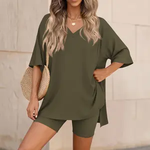 Women's 2 Piece Outfits Casual Oversized V-Neck T-Shirt and Biker Shorts Matching Lounge Set Summer Activewear