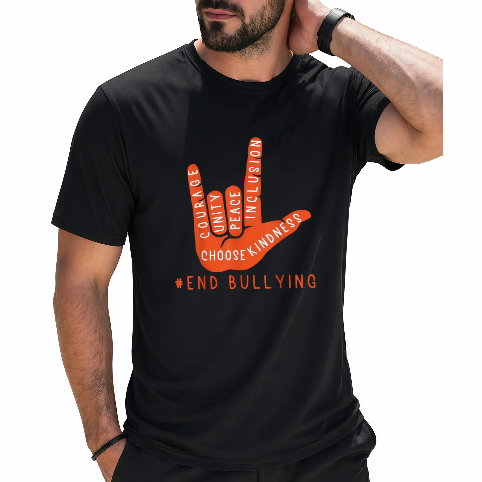 Men's Anti-Bullying Awareness T-Shirt - Unity Day Graphic Tee with Love Sign Language, #ENDBULLYING Message - Heavyweight Shirt for Advocacy, Schools, Workplaces
