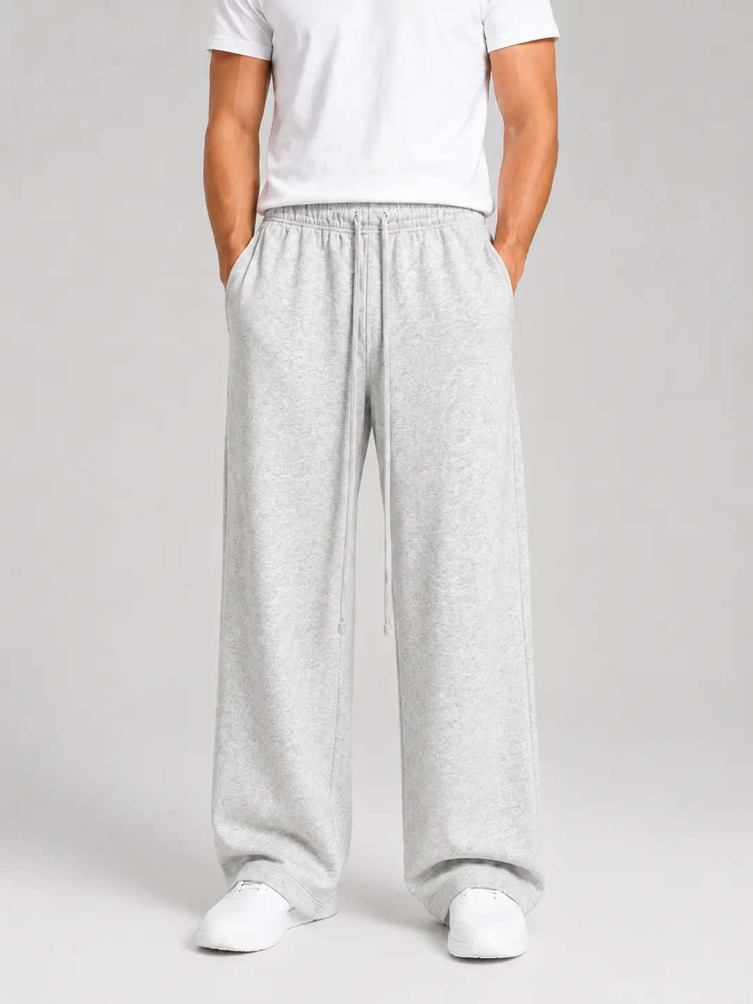 Men's Plain Light Grey Uncuffed Legs Cotton Joggers - Elastic Drawstring Waist, Breathable Wide-Leg, Loose-Fit Mid-Waist Trousers with Deep Pockets, Below-The-Ankle, All-Season Basic Menswear for Cold Wash