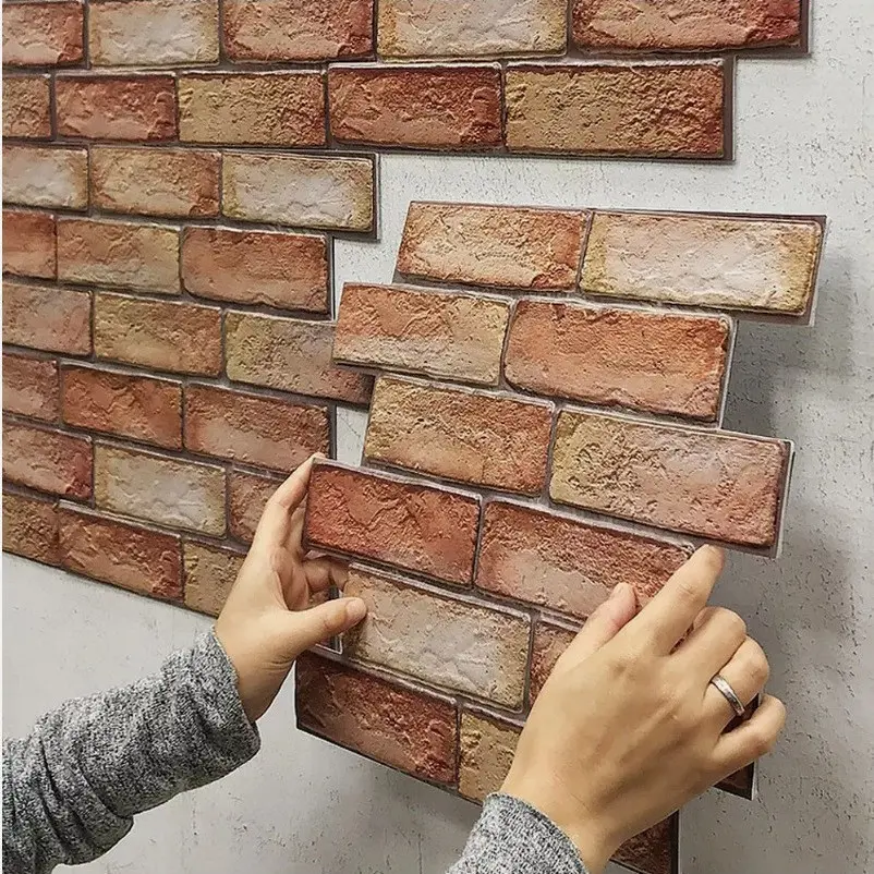3D red brick is a peel-and-stick wall panel. 10 pieces, each 30 cm x 30 cm, small size, thin PVC 3D fake brick self-adhesive wall covering artificial brick splash-proof board for interior decoration Peel Stick Wallpaper