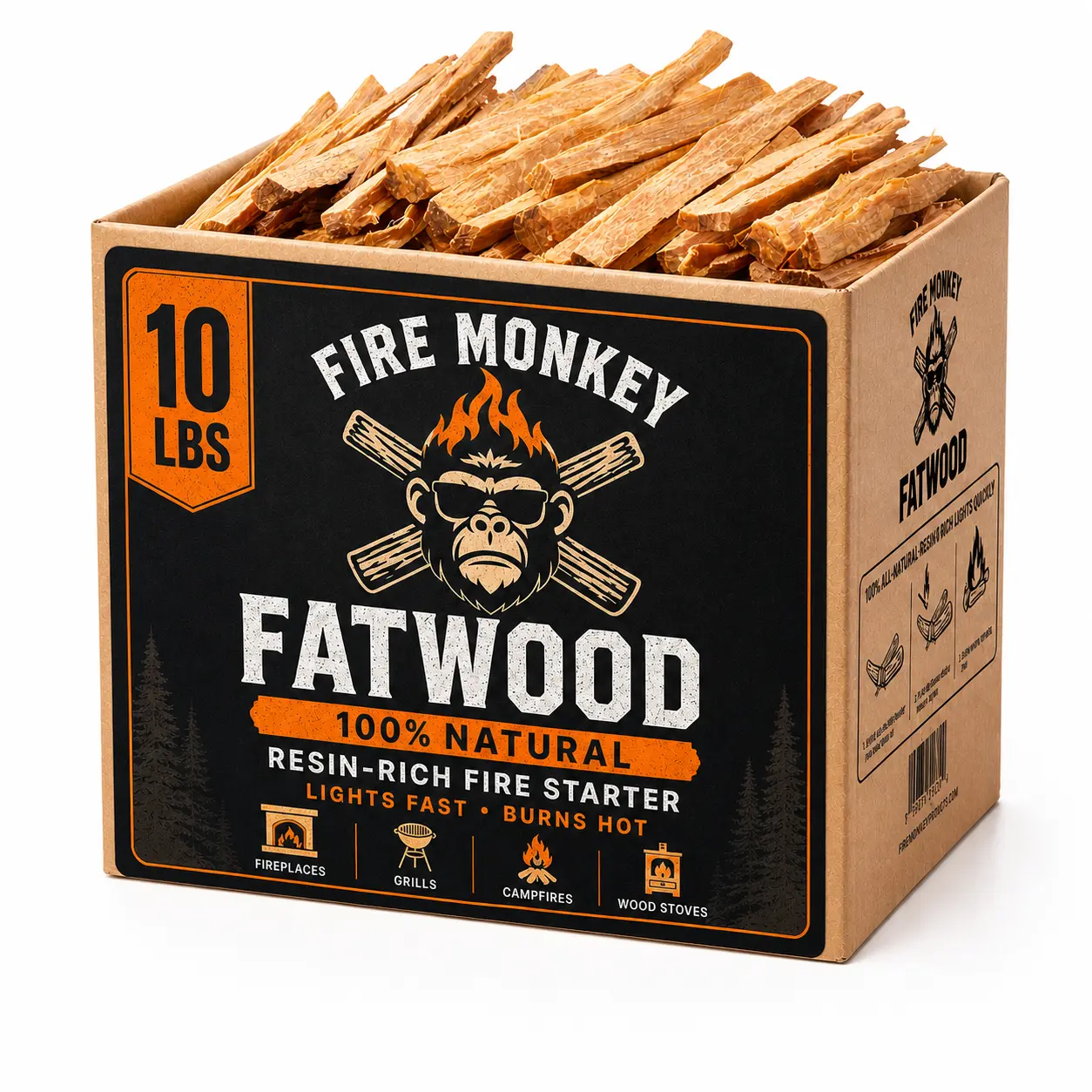 Fire Monkey Fatwood Fire Starter Sticks - 10lb Natural Pine, 1-Match Ignition, for Campfire, Fireplace, Wood Stove