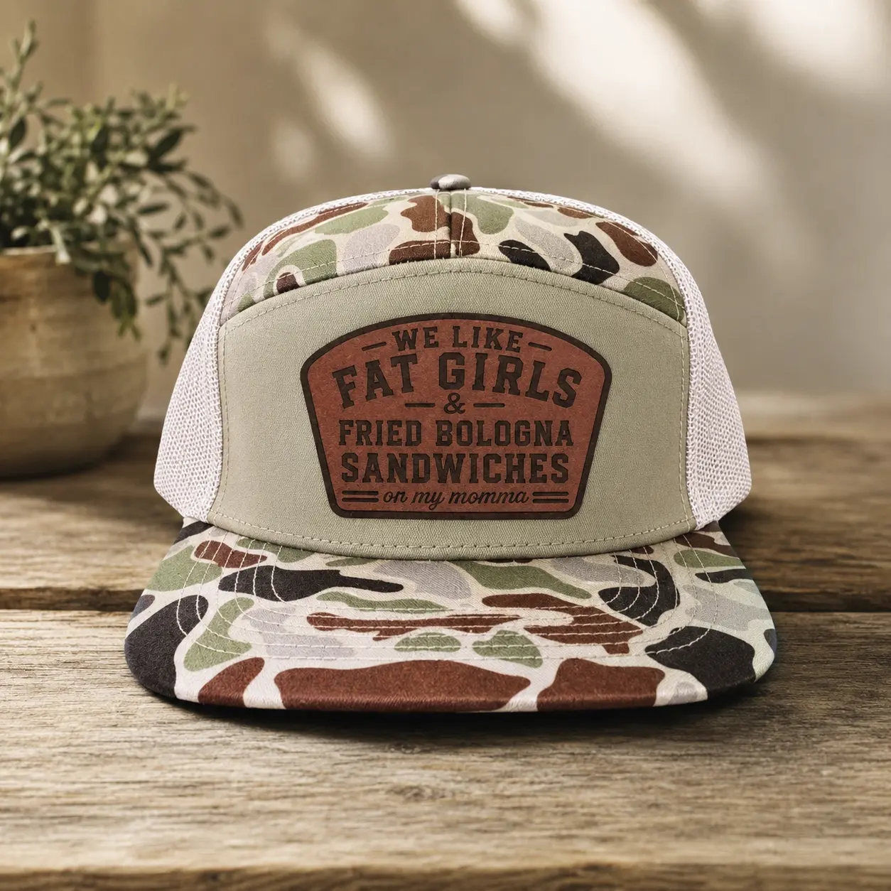 Funny Leather Patch Trucker Hat, We Like Fat Girls & Fried Bologna Sandwiches Camo Hat, Richardson Style Hunting Cap, Southern Redneck Gift for Men