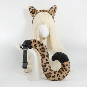 Halloween Tiger Ears Headband and Tail Set with Leopard Print Design for Animal Cosplay Props Performance Costume