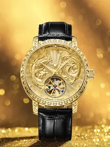 Namkin Men's Mechanical Watch, Luxury Golden Dragon Engraved Dial, Tourbillon Design, Strap, Business Banquet Collection