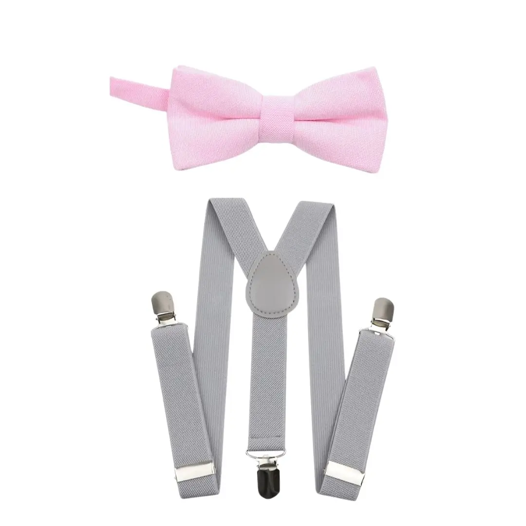 TIE MOOD Pink Cotton Pre-Tied Bow Tie & Silver Suspenders Set | Bow Tie & Suspender for Boys & Dad | Easter Outfit