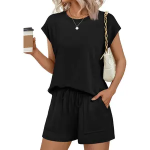Two Piece Sets for Women Summer Crew Neck Lounge Short Sets Cap Sleeve Drawstring Vacation Outfits with Pocket