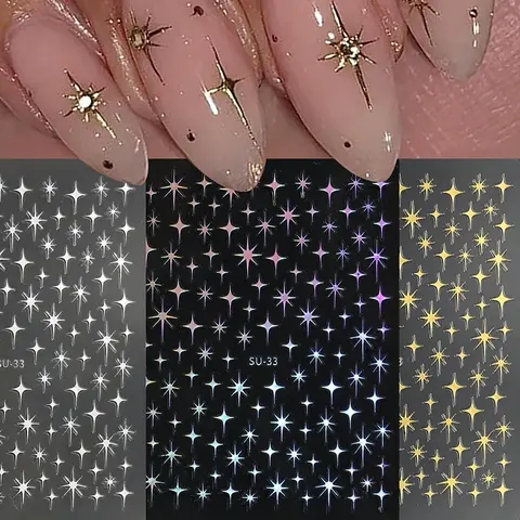 3 pcs 3D Metal Laser Star Nail Stickers, Nail Decals, Y2K Style Decorations, Nail Art Supplies for French Manicure and Creative Nail Designs