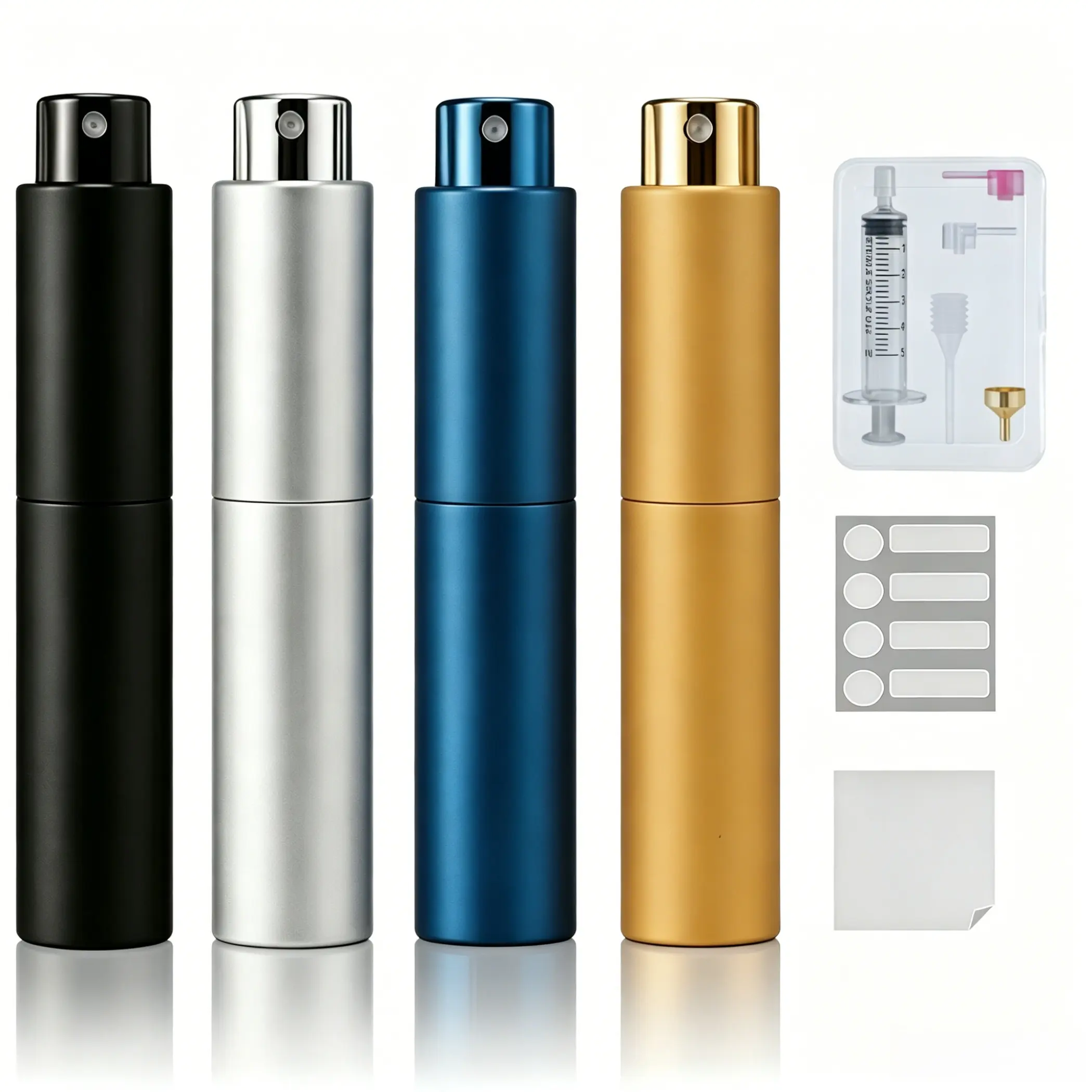 YELDFEERO 4PCS 10ml Foldable Refillable Portable Aluminum Frame Perfume Bottles - Leak-Proof Seal, Empty Atomizer Spray Dispensers, Refill Anytime, Travel Essentials for Men (Black, Silver, Blue, Gold) Multi-Pack Cologne Bottle