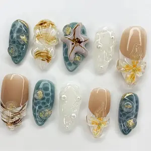 3D Ocean Press On Nails | Seashell & Starfish Nail Art | Handmade Pearl Summer Beach Nails in Almond Shape |JB393AV Damontaerichmondnails