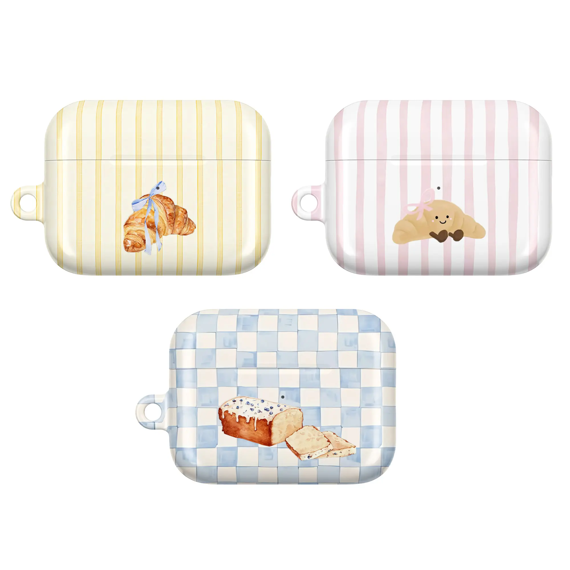 Bakery Croissant AirPods Case – Cute Croissant & Loaf Cake Cover with Pastel Stripes and Blue Gingham for Apple AirPods Pro/Pro 2/Pro 3 & AirPods 1/2/3/4 | Kawaii Café Bakery Aesthetic Earbud Case, Cozy Gift for Her Him