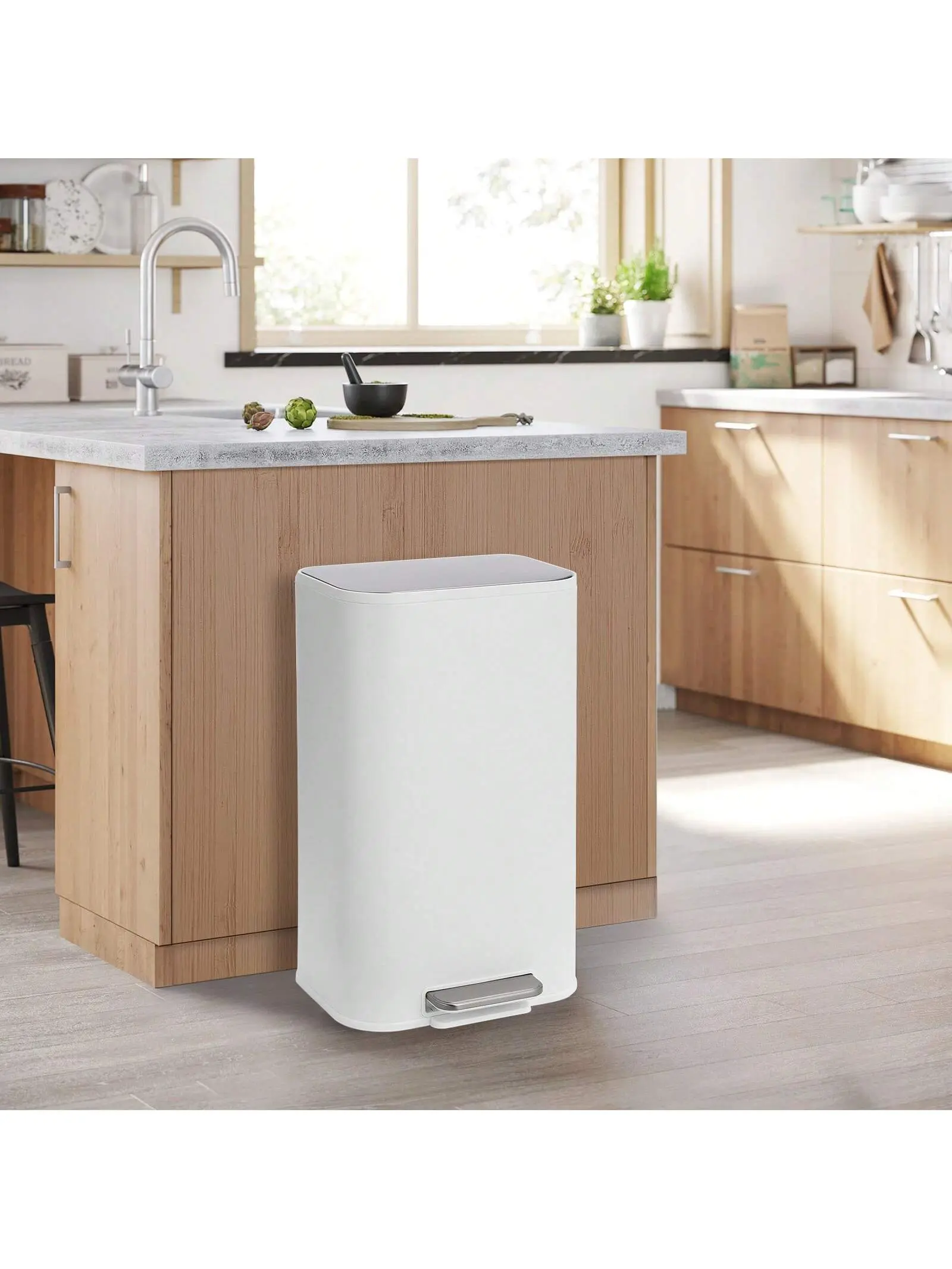 Stainless Steel Rectangular Step-On Kitchen Trash Can - 3/5/8 Gal Waste Bin with Soft-Close Lid, Ft Pedal, Removable Inner Bucket & Smooth Finish, for Home Catering Use, Household Items, Storage