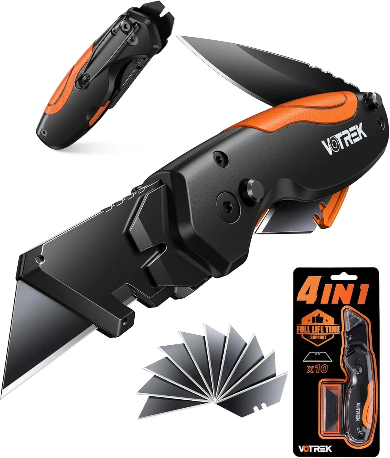 4-in-1 Multi-Knife Folding Knife Box Cutter, Pocket Knives with Belt Clip, Quick-Change Razor Knife with Blade Storage, Navajas para Trabajo,Fathers Day Dad Gifts, Extra 10 SK5 Blades
