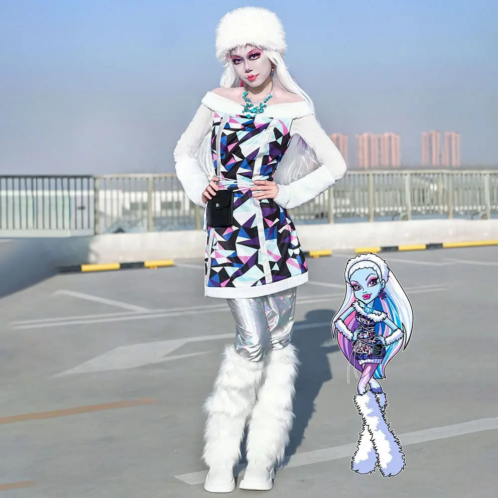 Women's Fitted Monster High Abby Snow Queen Gothic Printed Costume Complete Set - Fabric Clothes, Comfortable Fur Leg Accessories for Christmas, "Bloody Girl" Themed Events