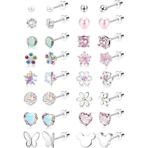 CASSIECA 16 Pairs Screw Back Earrings for Women Girls 316L Stainless Steel CZ Ball Heart Flower Screwback Flat Back Stud Earrings Jewelry Gift Women Multicolored Pink CZ Hypoallergenic SummerVibes