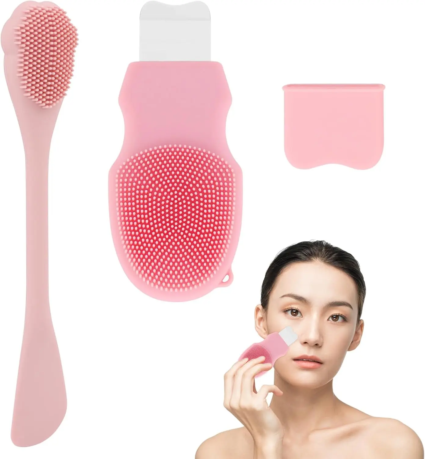 Blackhead Remover Tool for Face and Nose, 2 in 1 Silicone Face Cleansing Brush and Stainless Steel Blackhead Scraper Spatula, Mask Applicator for Men and Women(Pink)