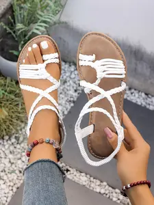 Summer Bohemia Braided Roman Sandals for Women, Flat Toe Strap Soft Sole Beach Shoes, Casual Anti-Slip Slippers