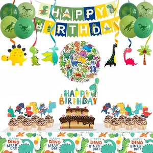 Dinosaur Birthday Party Decorations, Dinosaurs World Birthday Party Tableware Set Plates, Table Covers, Cake Toppers, Balloons, Banners, Swirls for Kids