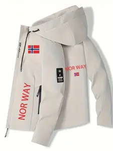 Men's Norway Flag Fashion Letter Print Jacket, High-Quality Soft Shell, Polyester, Outdoor Motorcycle Coat, Spring & Fall Casual Wear