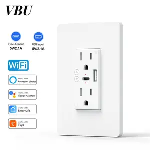 Wi-Fi Smart Wall Socket,USB Wall Outlet, AC100-125V~(50/60Hz) 15A Tamper Resistant Electrical Outlet with 1 Type C & 1 USB Ports, 2 Three-prong AC Outlets, Screwless Wall Plate Included, Charging for Multiple Devices, Need Neutral+Live Wire