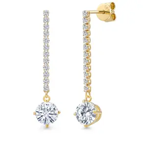 Gem Stone King 14K Yellow Gold Forever Classic Moissanite and E - F Lab Grown Diamond Dangle Earrings for Women | 1.96 Cttw | Gemstone Birthstone | Round 6MM