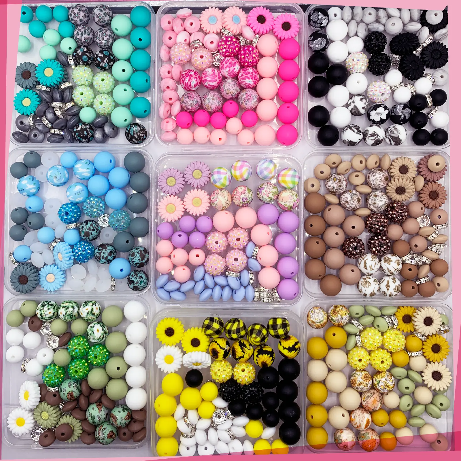 15mm Assorted Silicone Beads 64pcs Box Solid Color Printed Lentail Acrylic Resin Bayberry Balls Rhinestone Beads for DIY Crafts Bracelets Phone Chains Necklaces Earrings Bag Charms Hair Ties Artwork Making