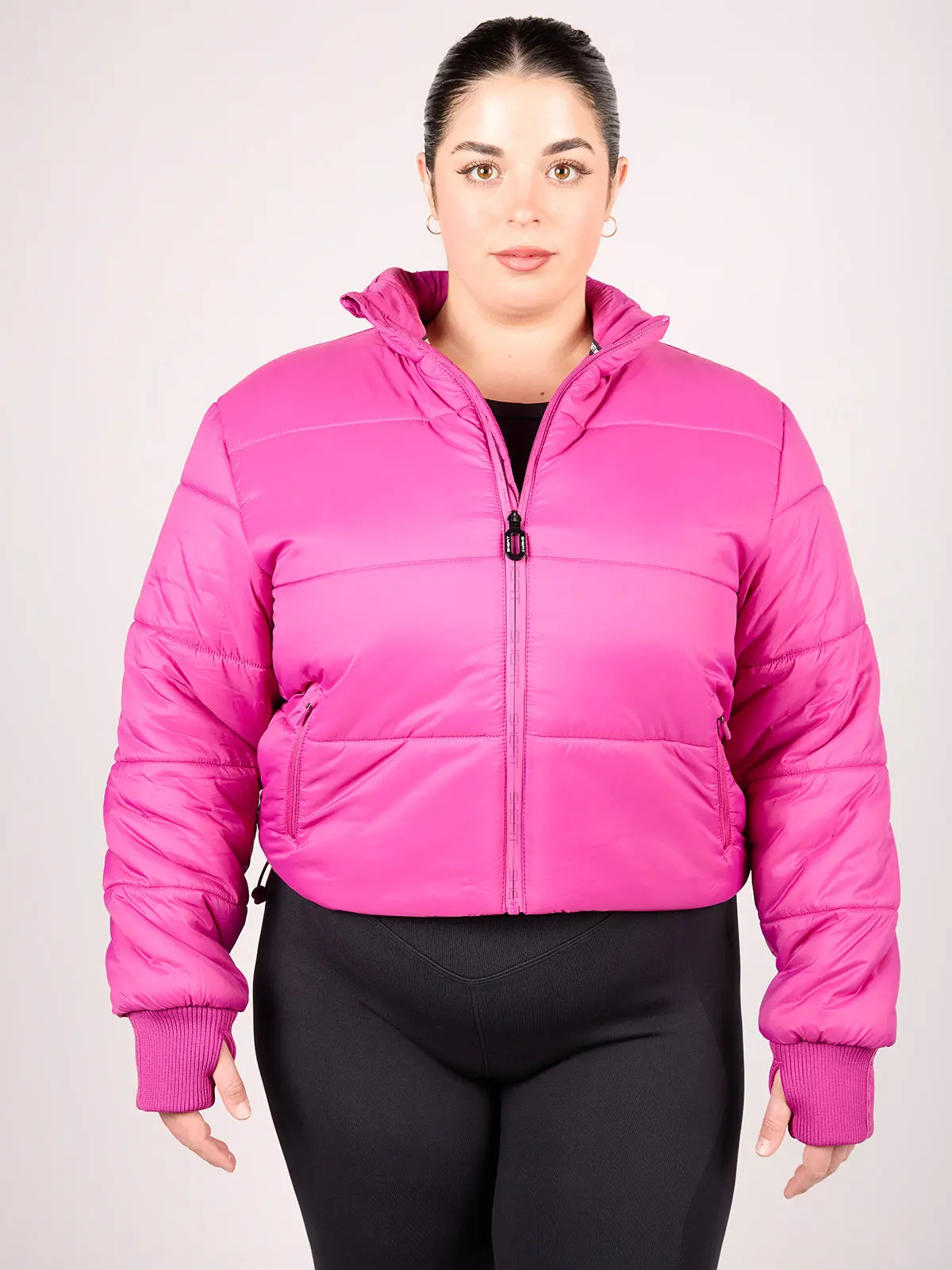 Women's Cropped Puffer Jacket in Plum Wine - Warm Relaxed Fit Nylon Coat with Zippered Pockets, Thumb Holes & Cinchable Hem, Tops