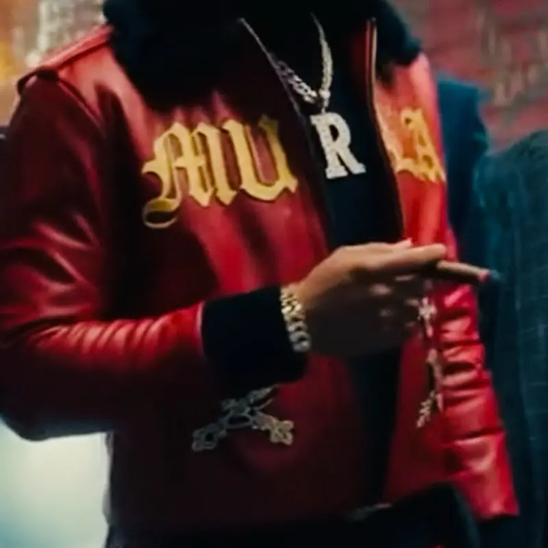 Mula Gold Logo Red Jacket & Black Fur Leather Pants Menswear Graphic Design Formal Casual Outfit Smooth Luxury Suits