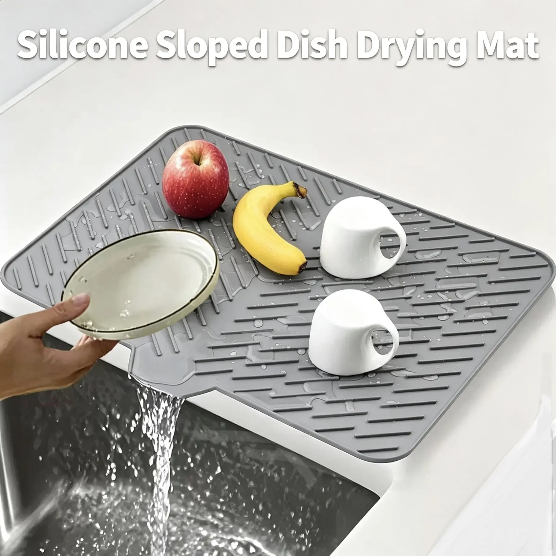 Silicone Large Size Dish Drying Mat with Built-in Drain Lip, Kitchen Counter Drainer Pad, Non-Slip Easy-Clean High Temperature Resistant Draining Mat, Ideal Gift for Birthday, Anniversary, Mother's Father's Day