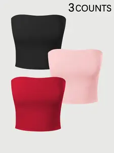 2026 Trending 3 Pack Strapless Crop Tops Fit for Women Solid Color Tube Tops Casual Sleeveless Cropped Tube Tees Comfy Soft Stretch Streetwear for Summer Beach Party Club Daily Wear Multiple Colors Available Viral TikTok Must Have Fashion