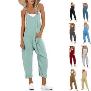 Women’s Loose Summer Jumpsuit, V-Neck, Sleeveless, Casual, Adjustable Pocket Design GARMENTARY