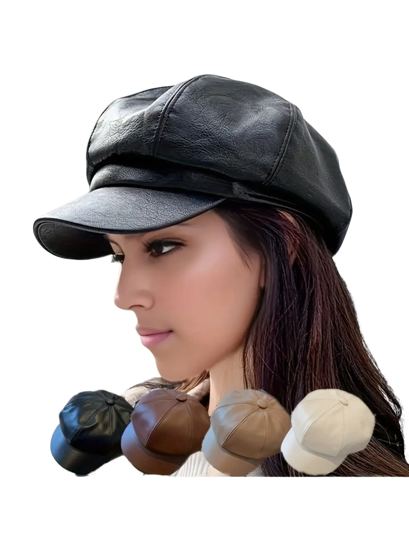 Faux Leather Newsboy Beret Hat One Size Fits Most Adjustable Casual KORIXINE Leather Hats for Women - Womens Newsboy Cap for Men  main image 4