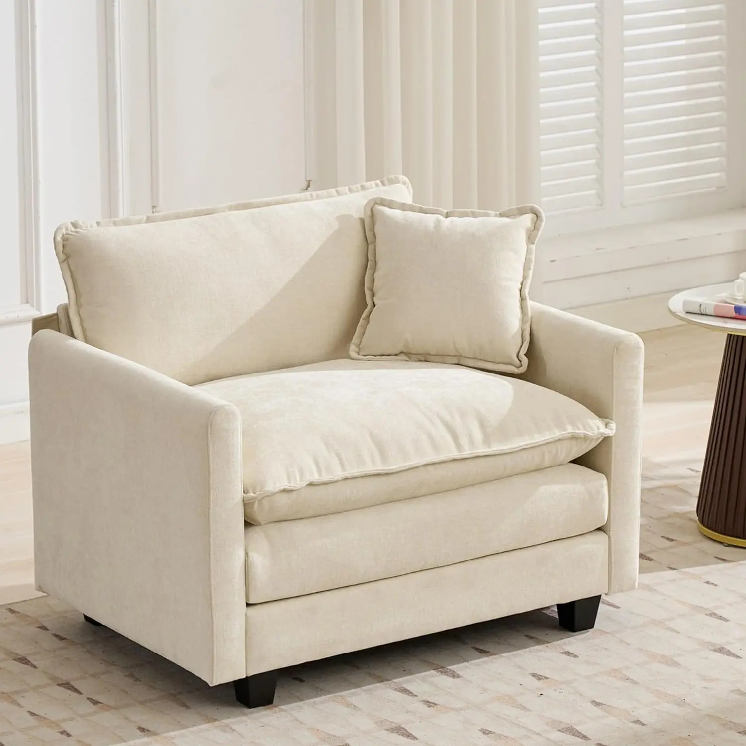 YAOSHANSHAN Modern Large Size Chenille Fabric Single Accent Chair - Oversized Fluffy Upholstered Deep Seat Cloud Sofa Chair with Padded Arms and Throw Pillow for Living Room, Bedroom, Beige