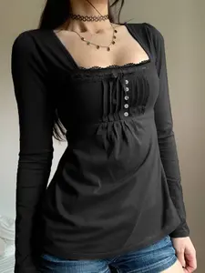 Women's Slim-Fit Long Sleeve T-Shirt, Plain Pattern, Street Style, Spring & Fall Casual Wear, New Arrival Fashion Top, Casual Classy Top